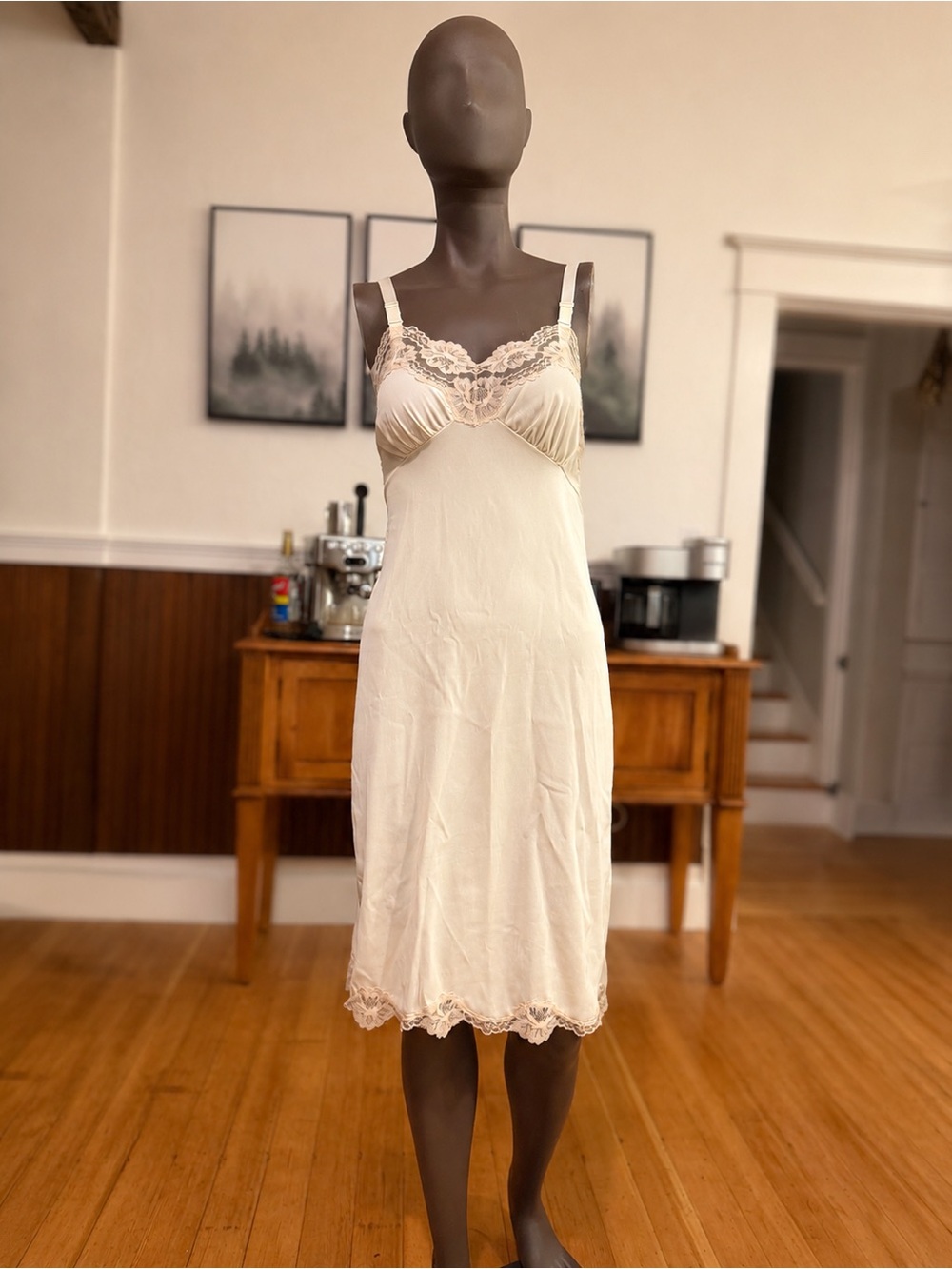 Vintage Ivory Lace Slip Chemis Bridal Midi Elegant Satin Cami Nightgown Elegant